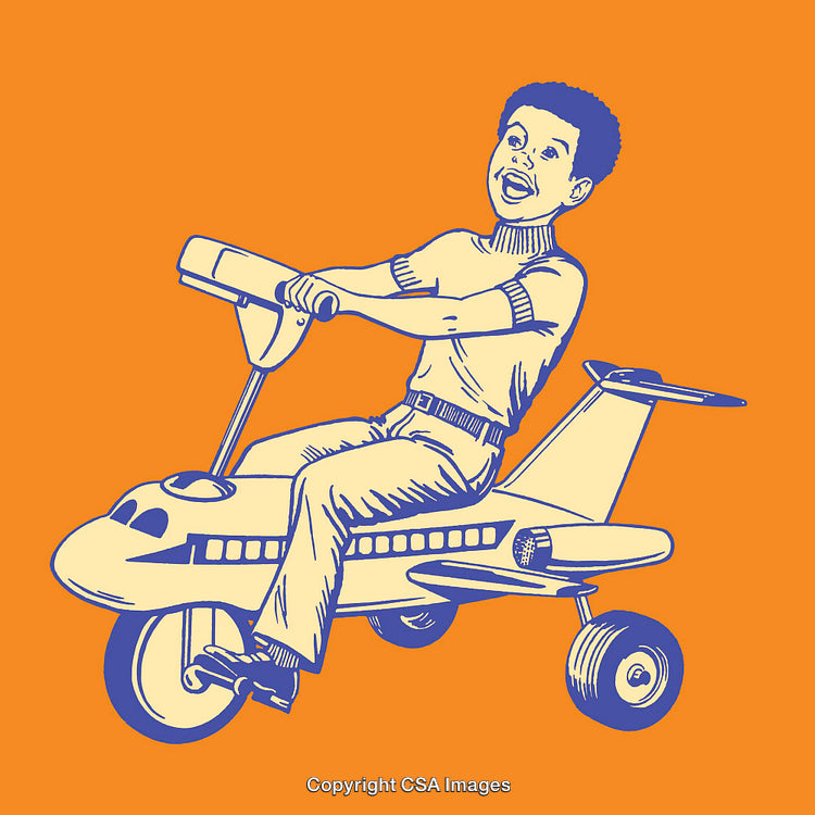Retro Line Art Illustration of a Boy Riding a Plane Styled Toy