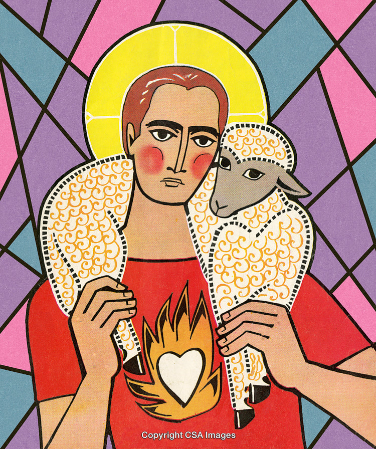 Symbolic Depiction of a Figure with Lamb Against a Stained Glass Backdrop