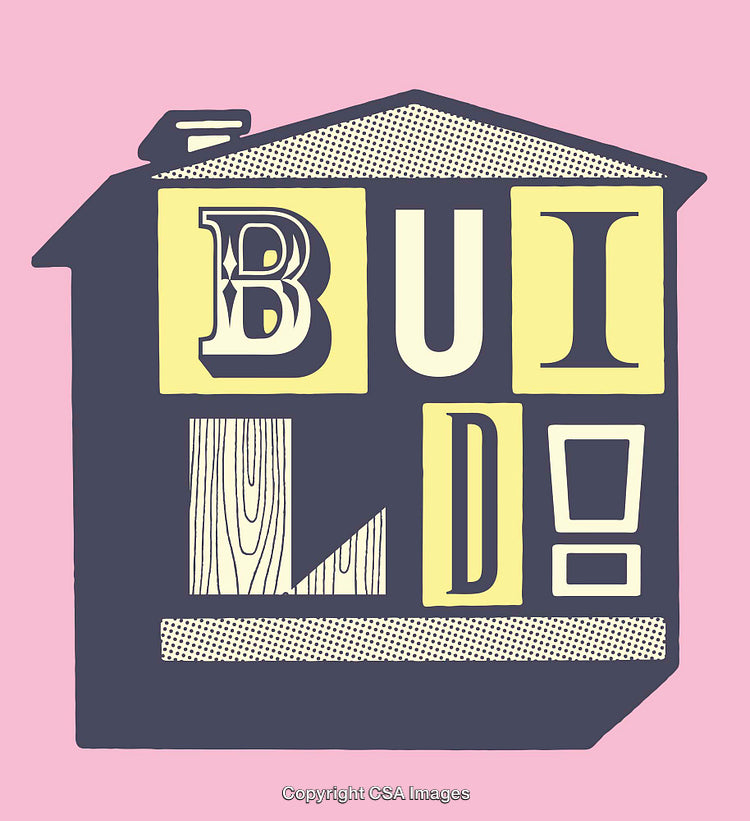Stylized Typography Illustration Featuring Build Word in Abstract House Design