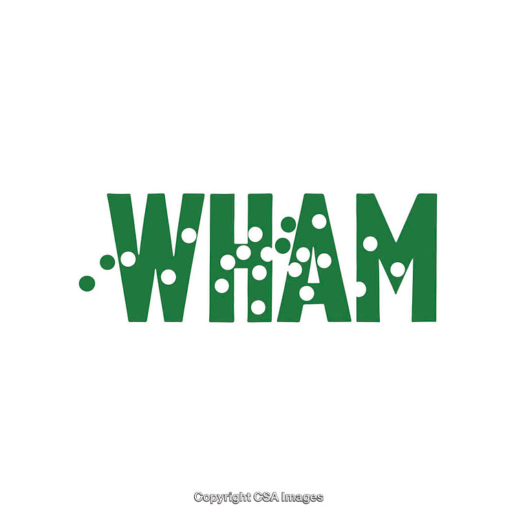 Green WHAM Text with Decorative Dots on a White Background