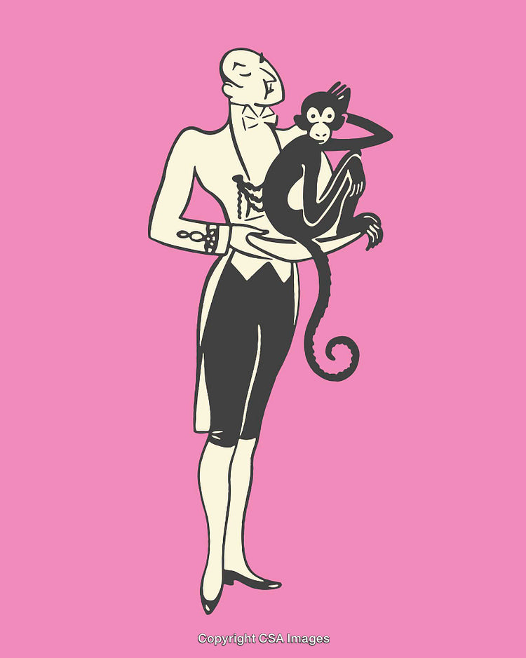 Stylized Gentleman Holding Monkey in Art Deco Line Illustration