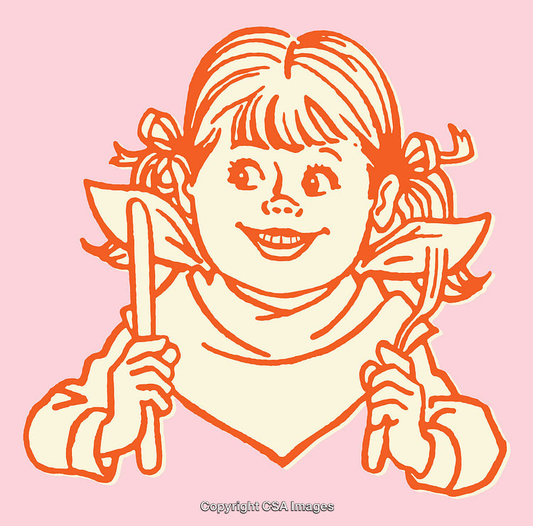 Vintage Illustration of a Smiling Girl Holding Utensils on a Pink Background
