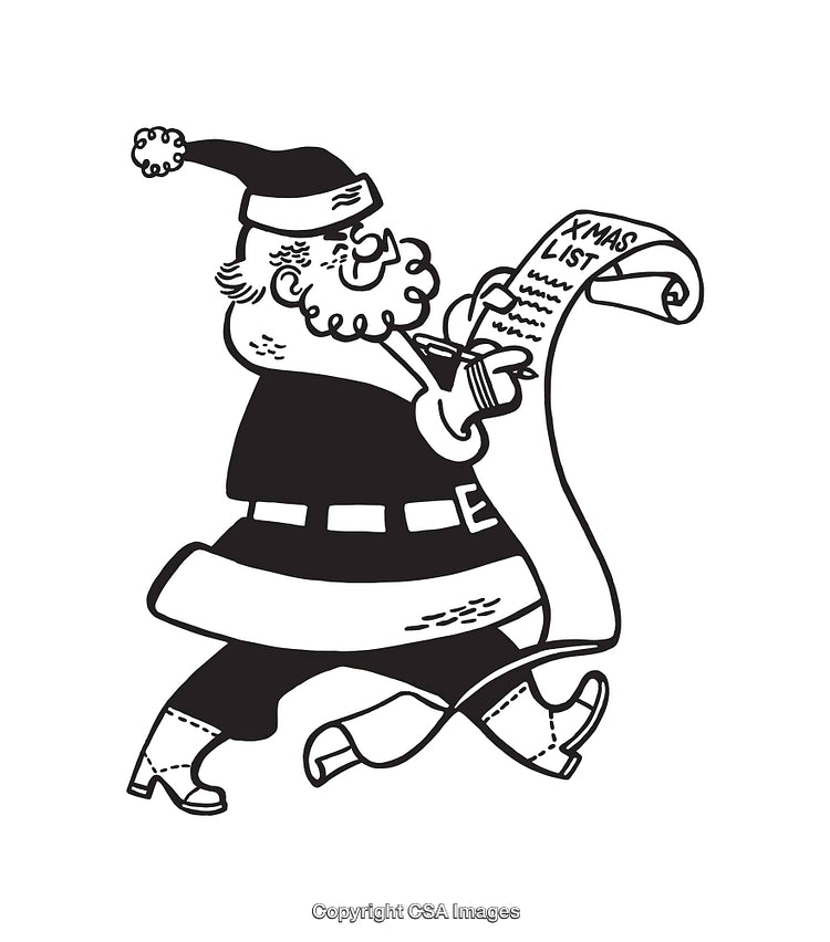 Black and White Illustration of Santa Claus Holding a Christmas List