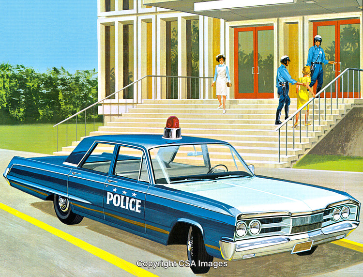 Vintage Police Car Parked Near Modern Building with Officers and Civilians