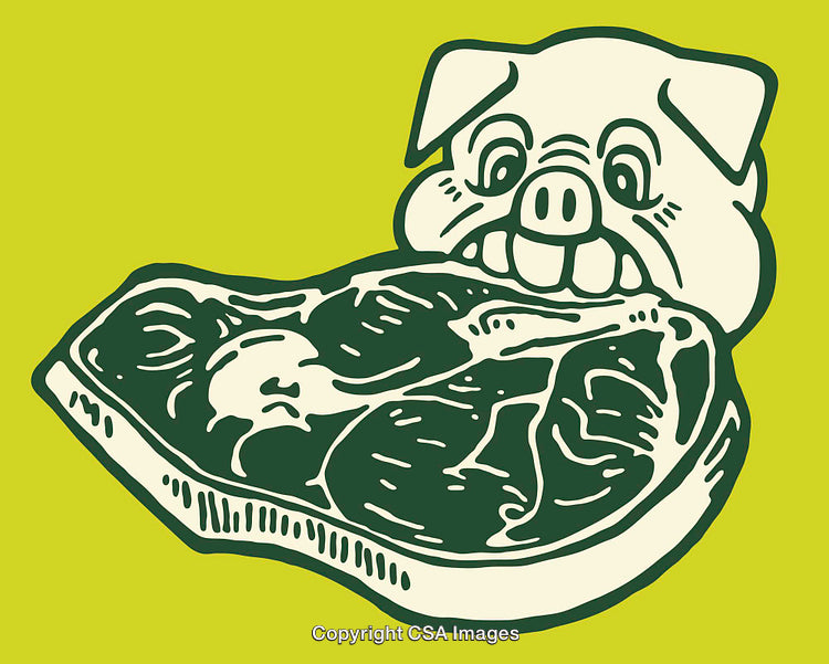 Colorful Illustration of a Pig Eating a Large Steak in Bold Style
