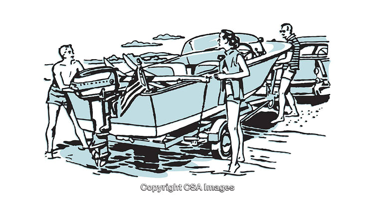 Family Loading a Boat at a Beach in Retro Illustration Style