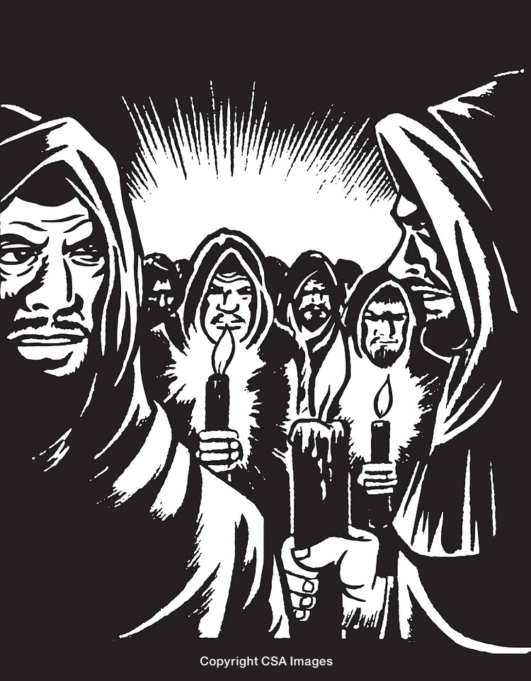 Illustration of Hooded Figures Holding Candles in a Mysterious Setting