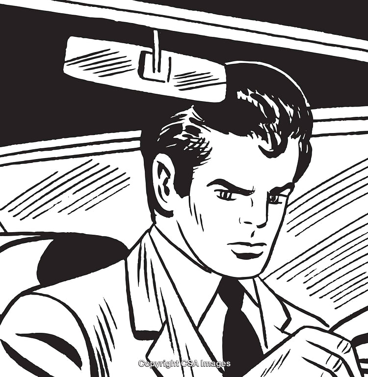 Retro Style Illustration of a Man Driving in a Classic Car