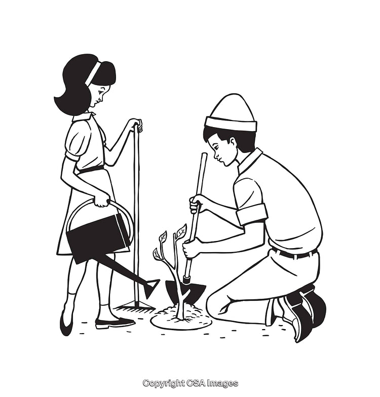 Children Planting Saplings Together in Black and White Line Art Illustration