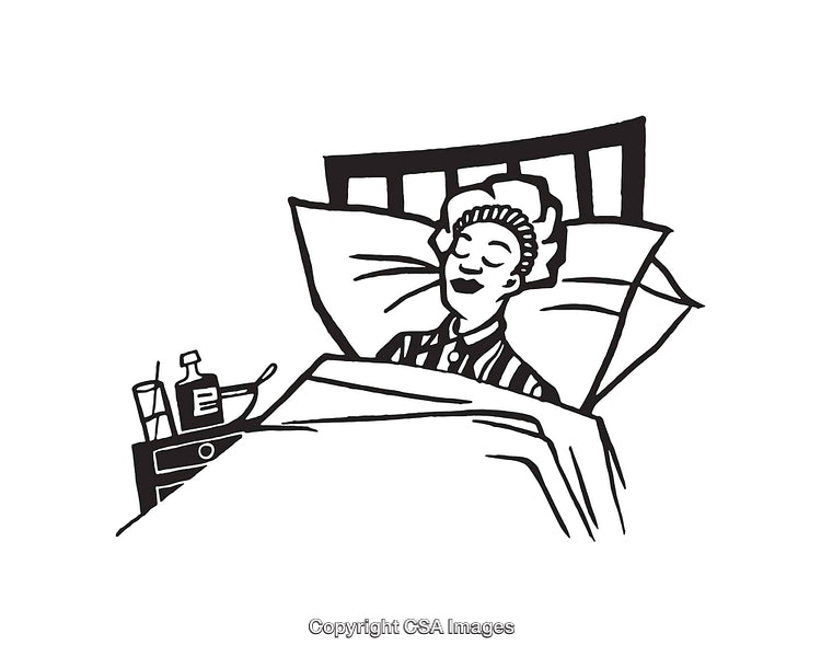 Black and White Line Art Illustration of a Patient Resting in Bed