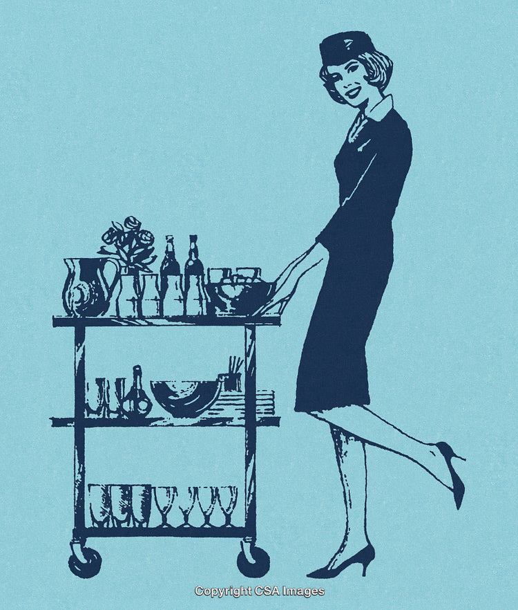 Vintage Illustration of a Female Hostess with Beverage Cart on Blue Background