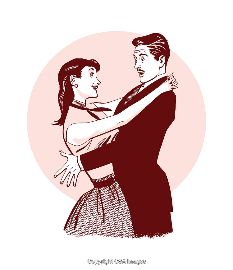 Retro Illustration of a Couple Joyfully Dancing Together with a Pink Background