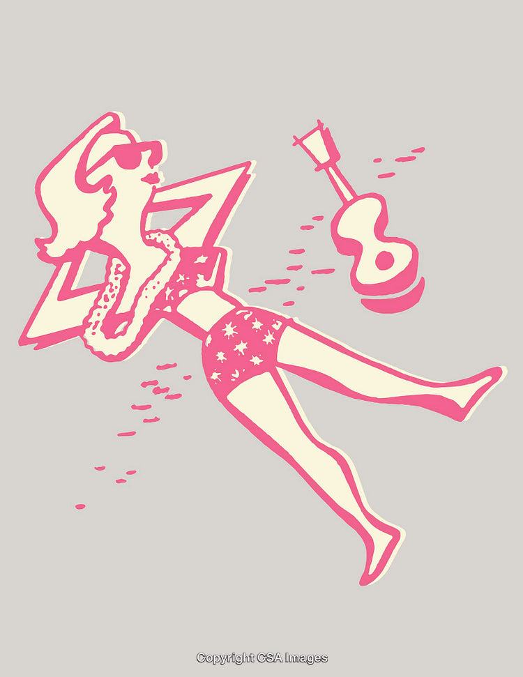 Stylized Illustration of a Woman Relaxing with a Guitar Nearby
