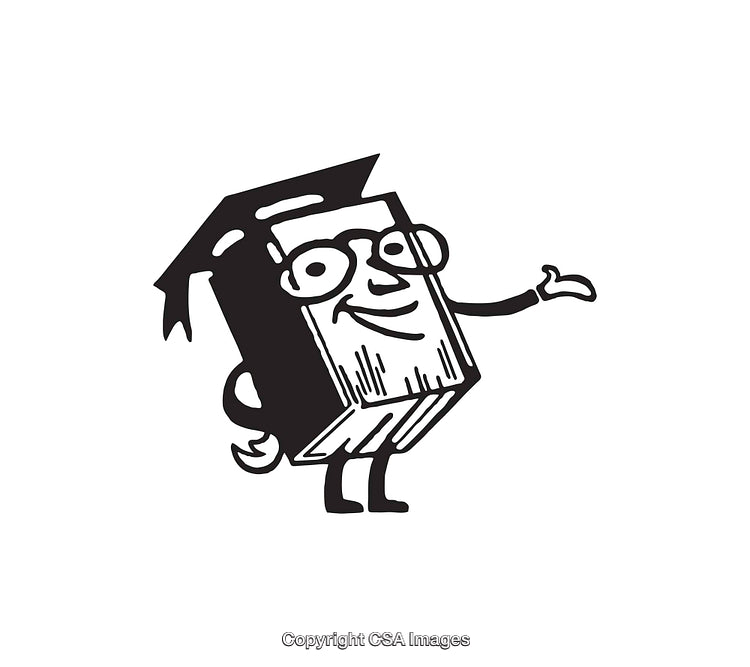 Smiling Cartoon Book Character With Graduation Cap in Black and White Illustration