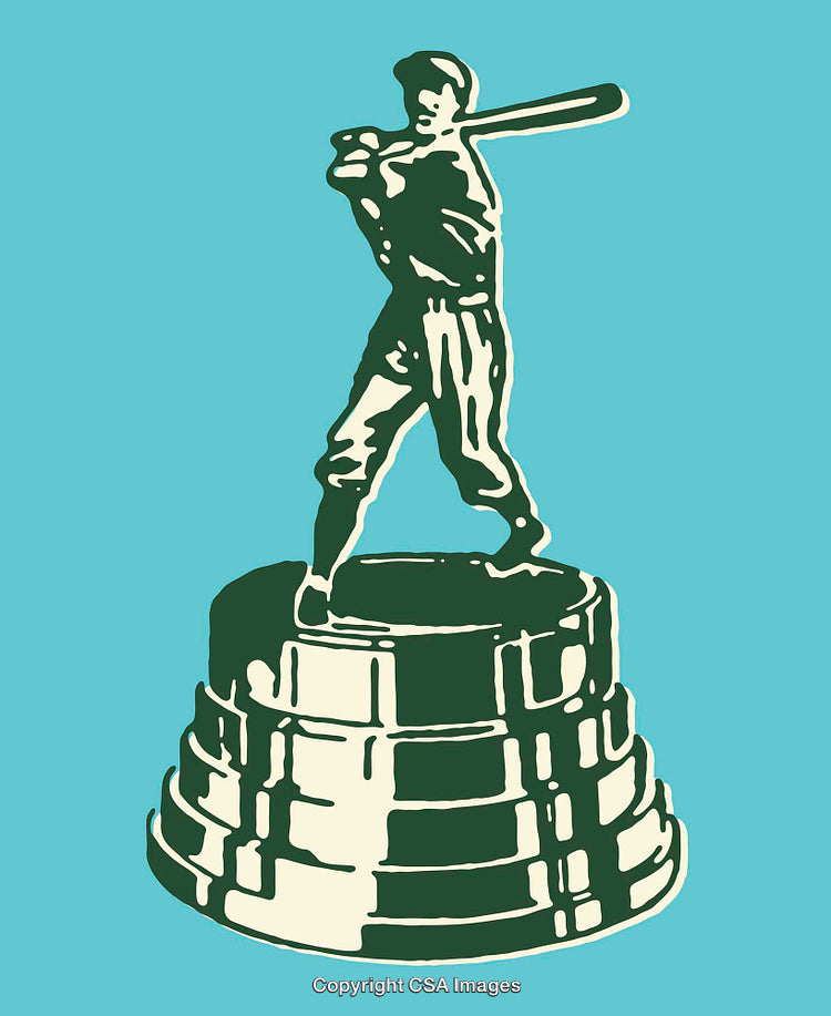Vintage Line Art of a Baseball Player Trophy on Teal Background