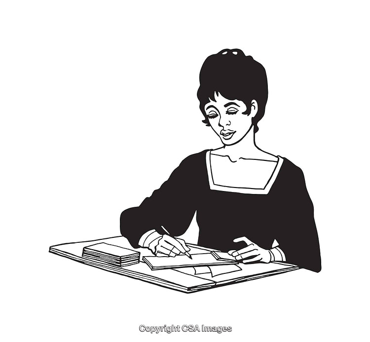 Black And White Illustration of a Woman Writing At a Desk