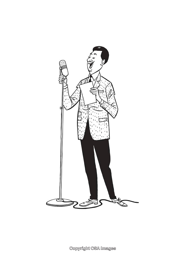 Black and White Illustration of a Man Singing on Stage