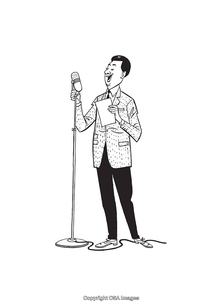 Black and White Illustration of a Man Singing on Stage