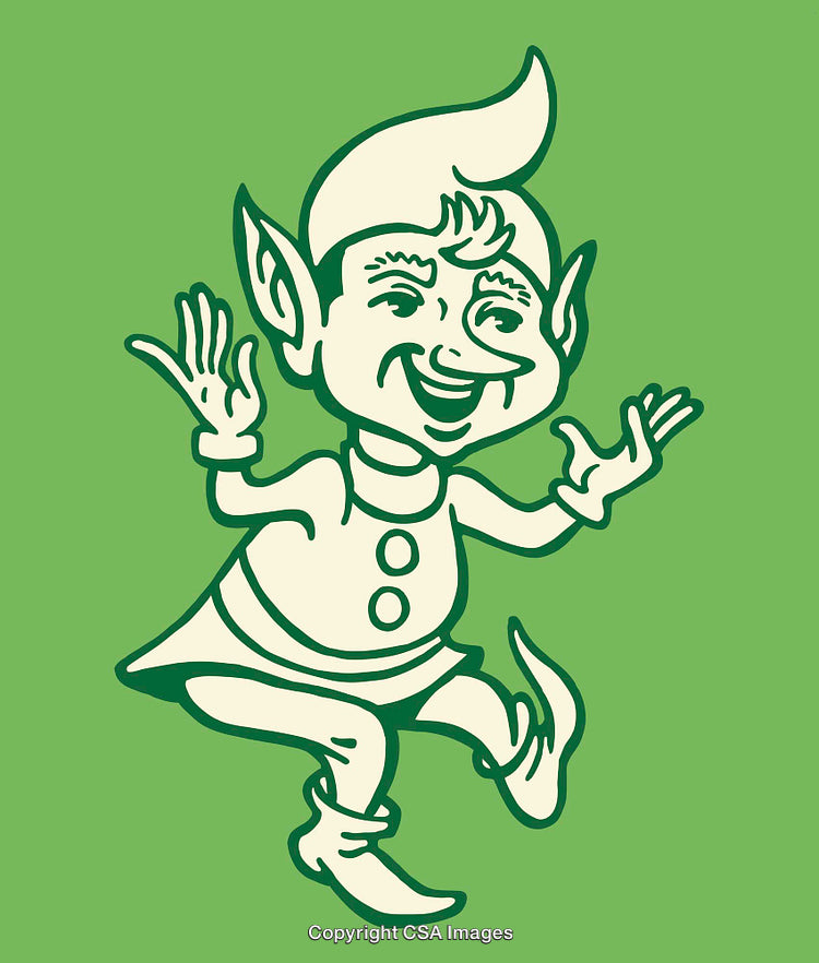 Vintage Line Art Illustration of a Smiling Elf on Green Background