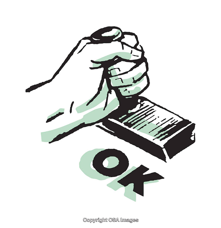 Hand Stamping Document with OK Mark in Retro Style Art