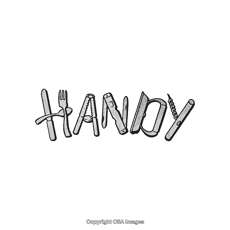 Creative Typography Spelling 'Handy' Using Detailed Line Art of Tools
