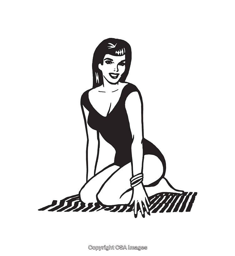 Retro-Style Woman Sitting on Rug in Black and White Illustration