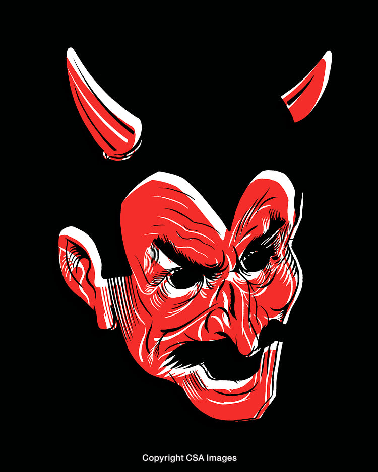 Illustration of a Red Devil Face with Black Background in Bold Stylized Design