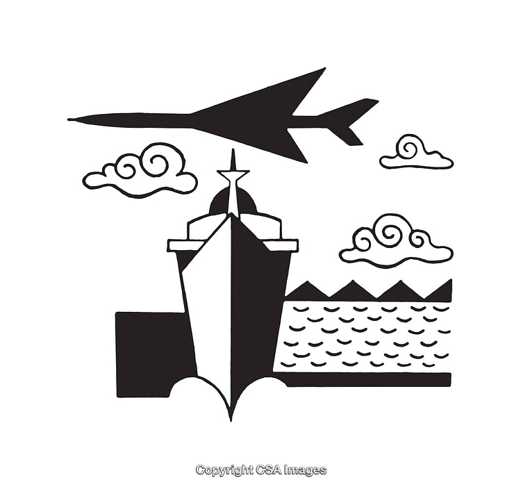 Black and White Line Art of Airplane, Ship, and Scenic Elements
