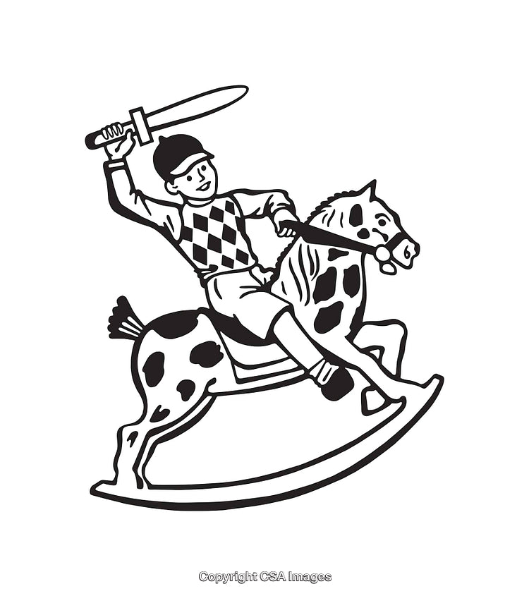 Black and White Line Art of Child on Toy Horse with Raised Sword