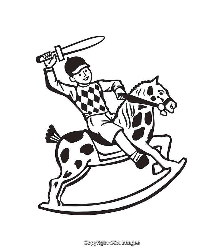 Black and White Line Art of Child on Toy Horse with Raised Sword