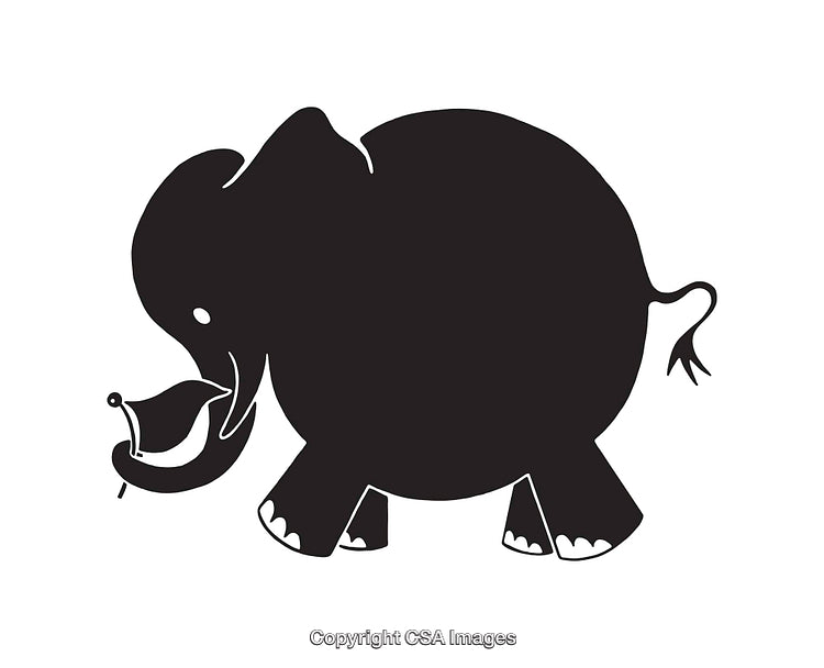Black and White Line Art of Elephant Holding a Leaf