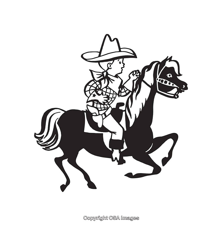 Black and White Illustration of a Cowboy Riding a Horse in Motion