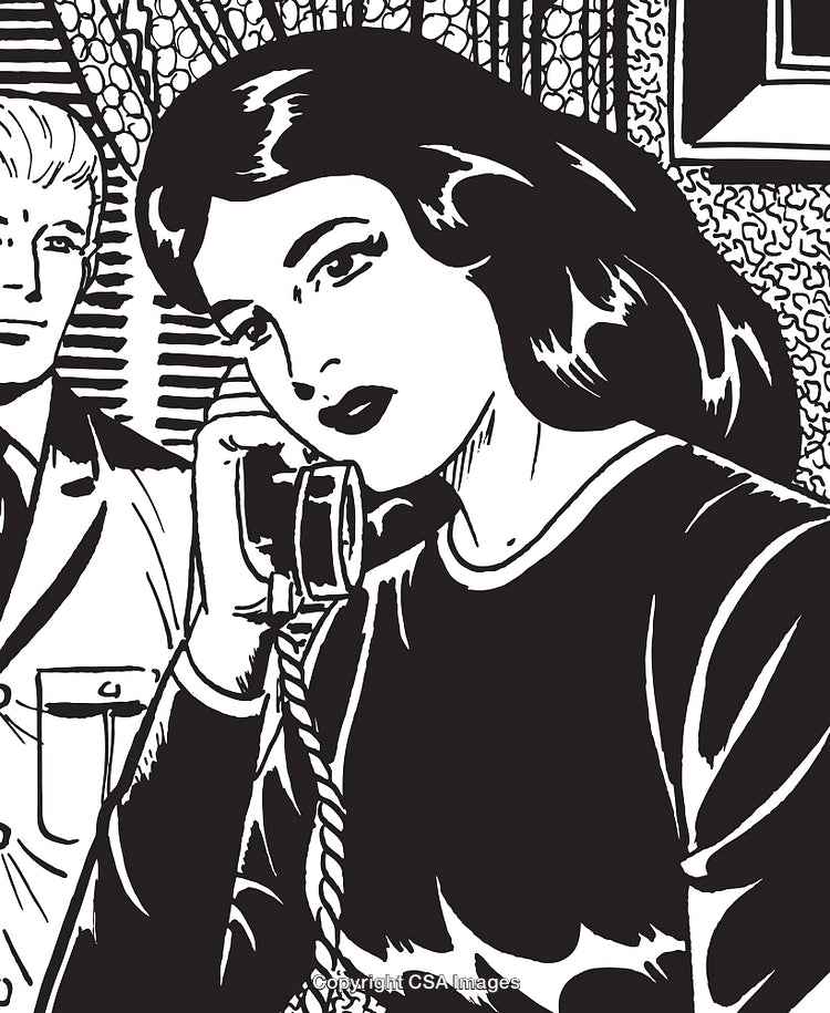 Retro Style Illustration of a Woman Calling with Thoughtful Expression