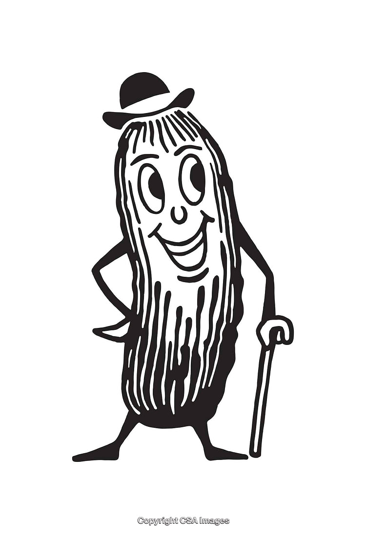 Retro Black And White Illustration of a Dapper Anthropomorphic Pickle Character
