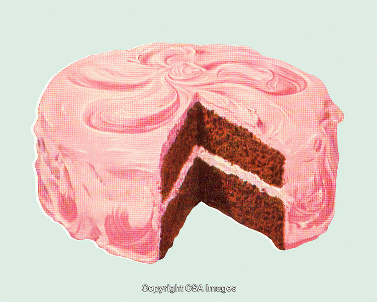 Vintage Style Chocolate Cake with Pink Frosting and a Sliced Section