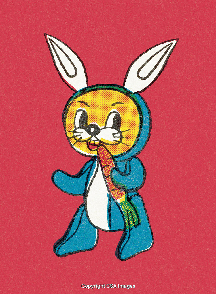 Cartoon Animal Character Eating a Colorful Carrot on a Red Background