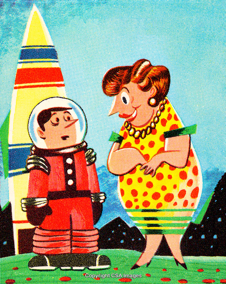 Whimsical Cartoon of a Space Explorer and Woman in a Retro Style