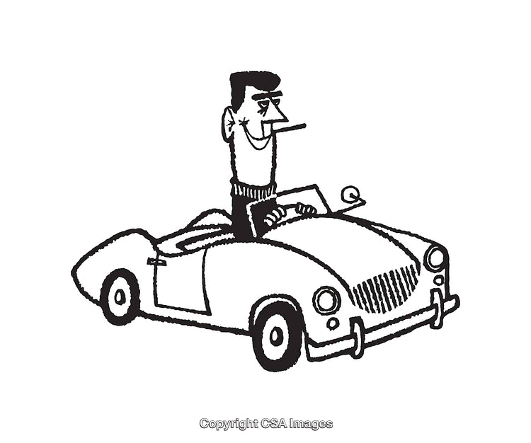 Cartoon Car Driver in Classic Convertible Line Art Illustration