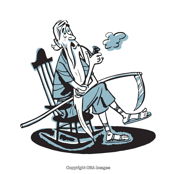 Elderly Man Relaxing With Scythe in Colorful Cartoon Style