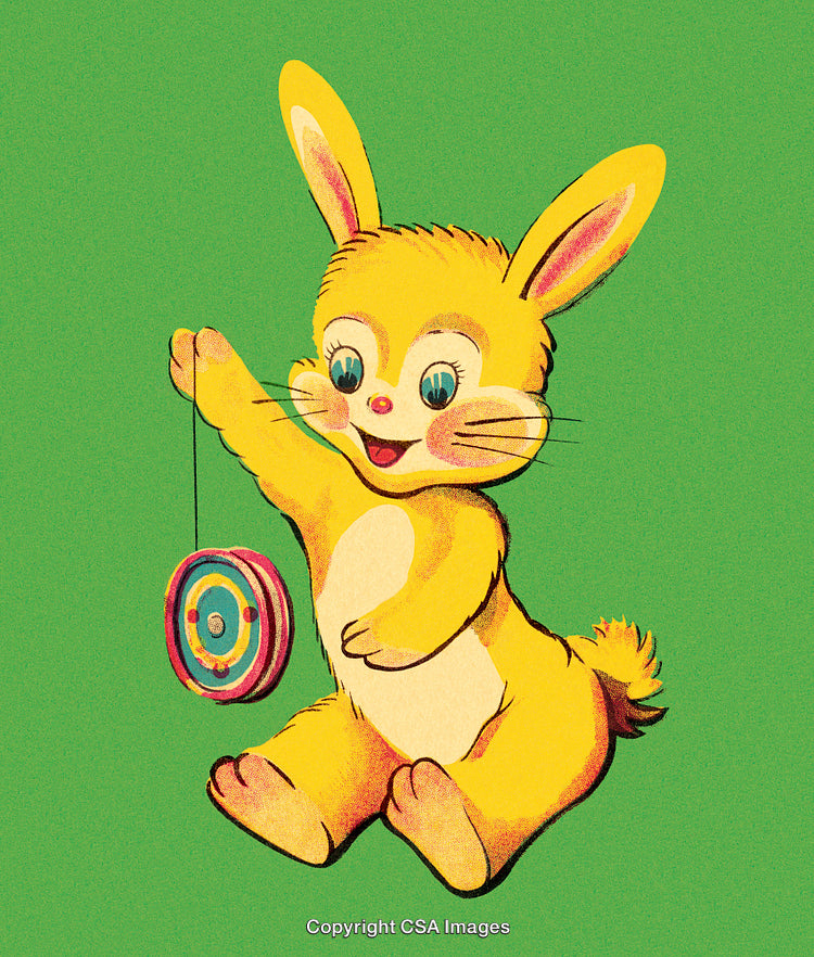 Cheerful Cartoon Bunny Holding a Colorful Target Toy on Green Background