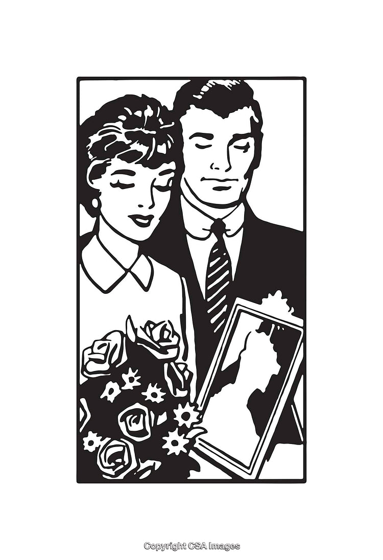 Vintage Black and White Illustration of a Couple with Roses and Photograph