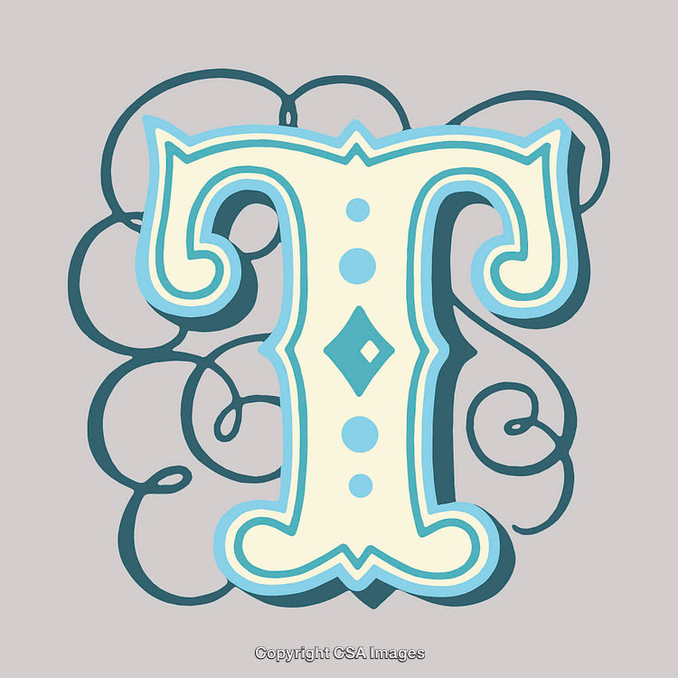 Decorative Capital Letter T with Intricate Swirled Design on Neutral Background