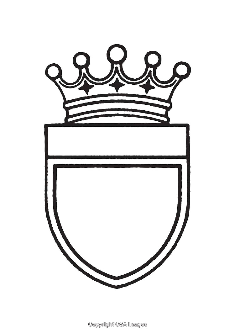 Elegant Black and White Crown and Shield Line Art Illustration