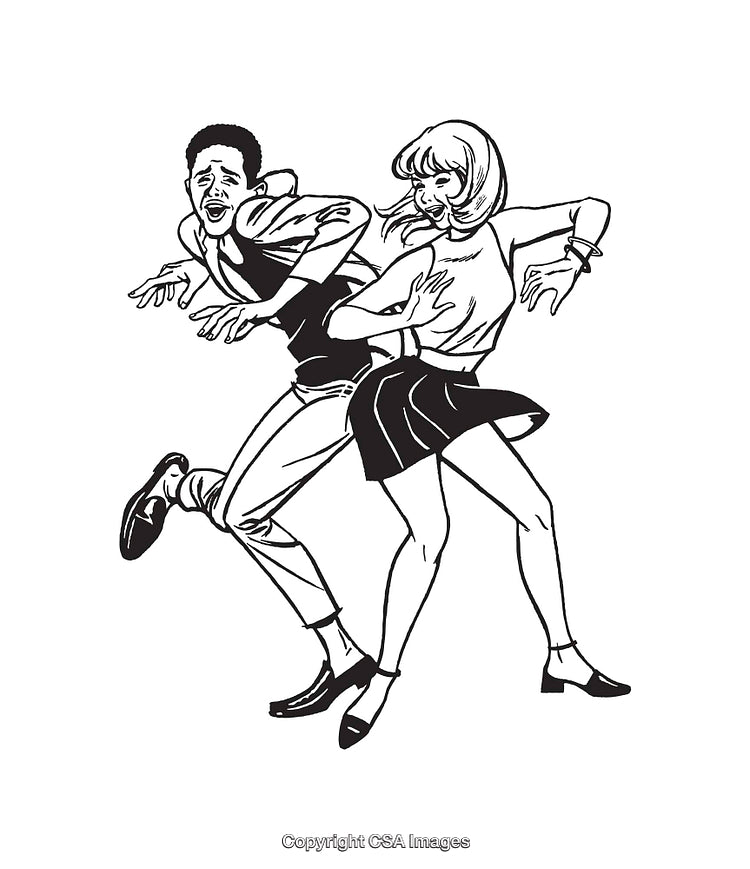 Vintage Styled Black and White Illustration of Two Dancing Figures