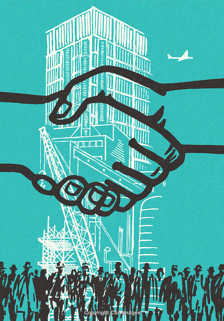 Illustration of a Handshake with a Cityscape Background and Construction Elements