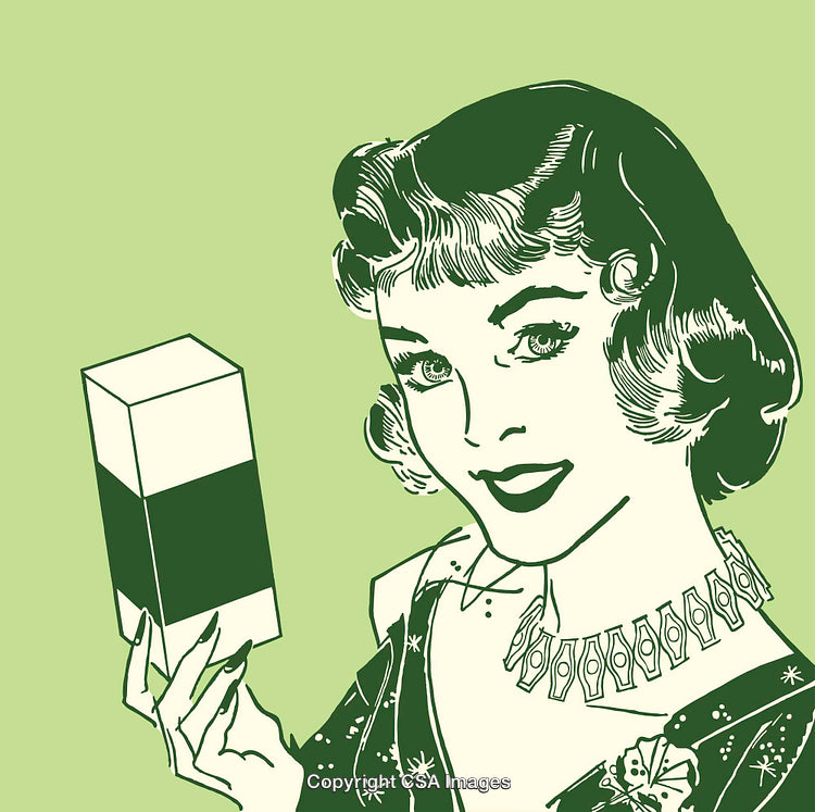 Retro Illustration of a Smiling Woman Holding a Product Box on Green Background