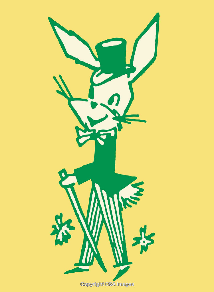 Cartoon Green Bunny in Top Hat with Cane on Yellow Background