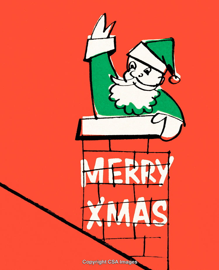 Colorful Christmas Illustration Featuring Santa Waving from a Chimney