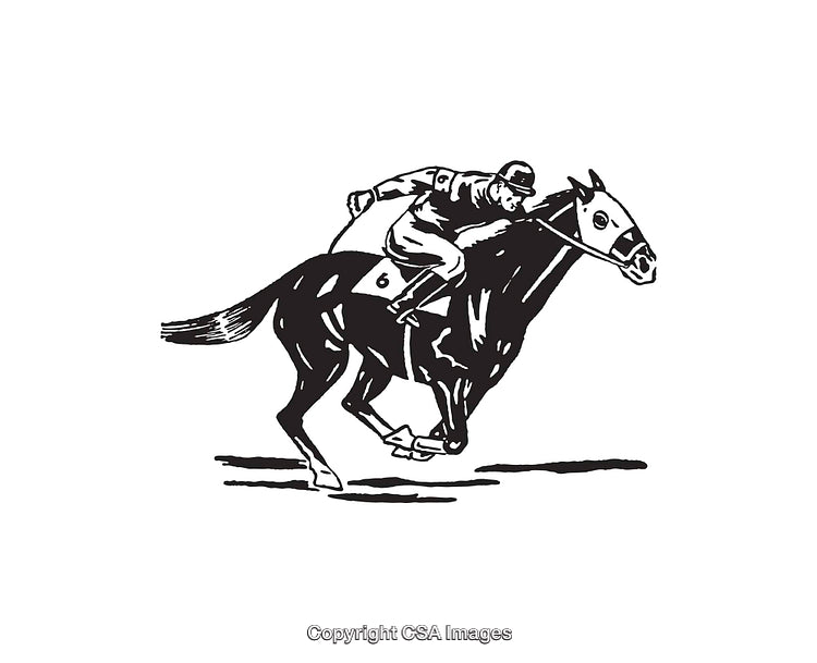 Jockey Riding a Racing Horse in Motion Black and White Illustration