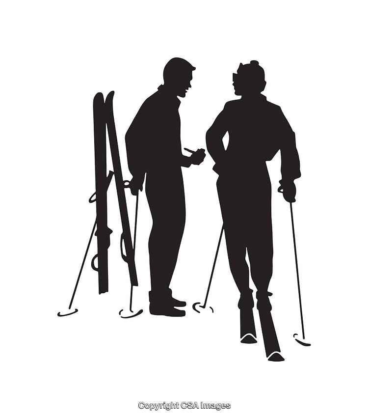 Black and White Silhouette of Skiers in Conversation at a Ski Resort